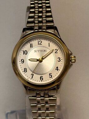 Sutton Watch Women Silver Tone Gold Bezel Stretch Expansion Band New Battery